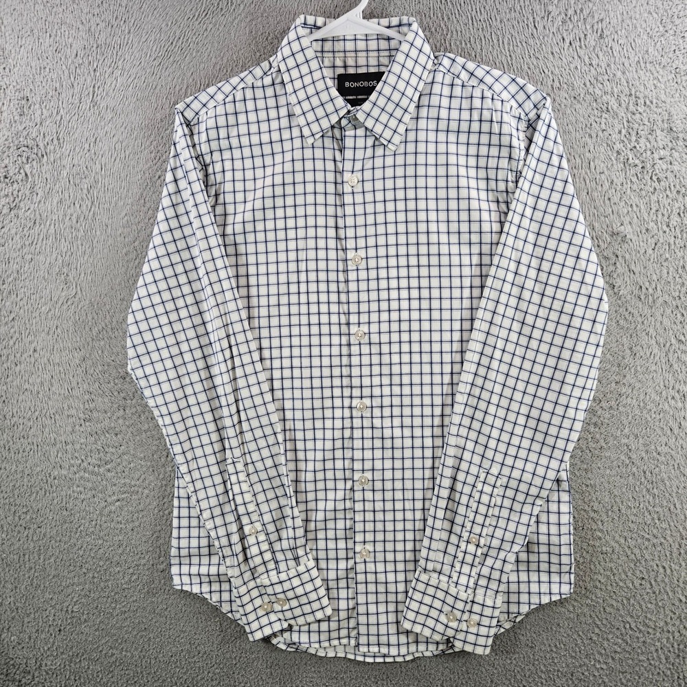 Bonobos Mens Slim Fit Tattersall Check Button Down Shirt White Navy Blue M